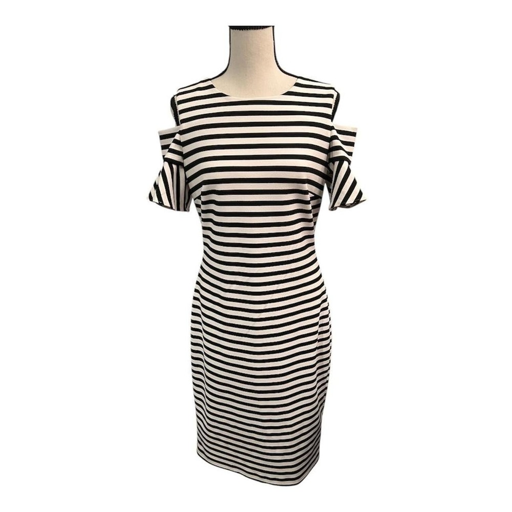 Calvin Klein Black and White Striped Cold Shoulder Zipper Back Dress Size 6